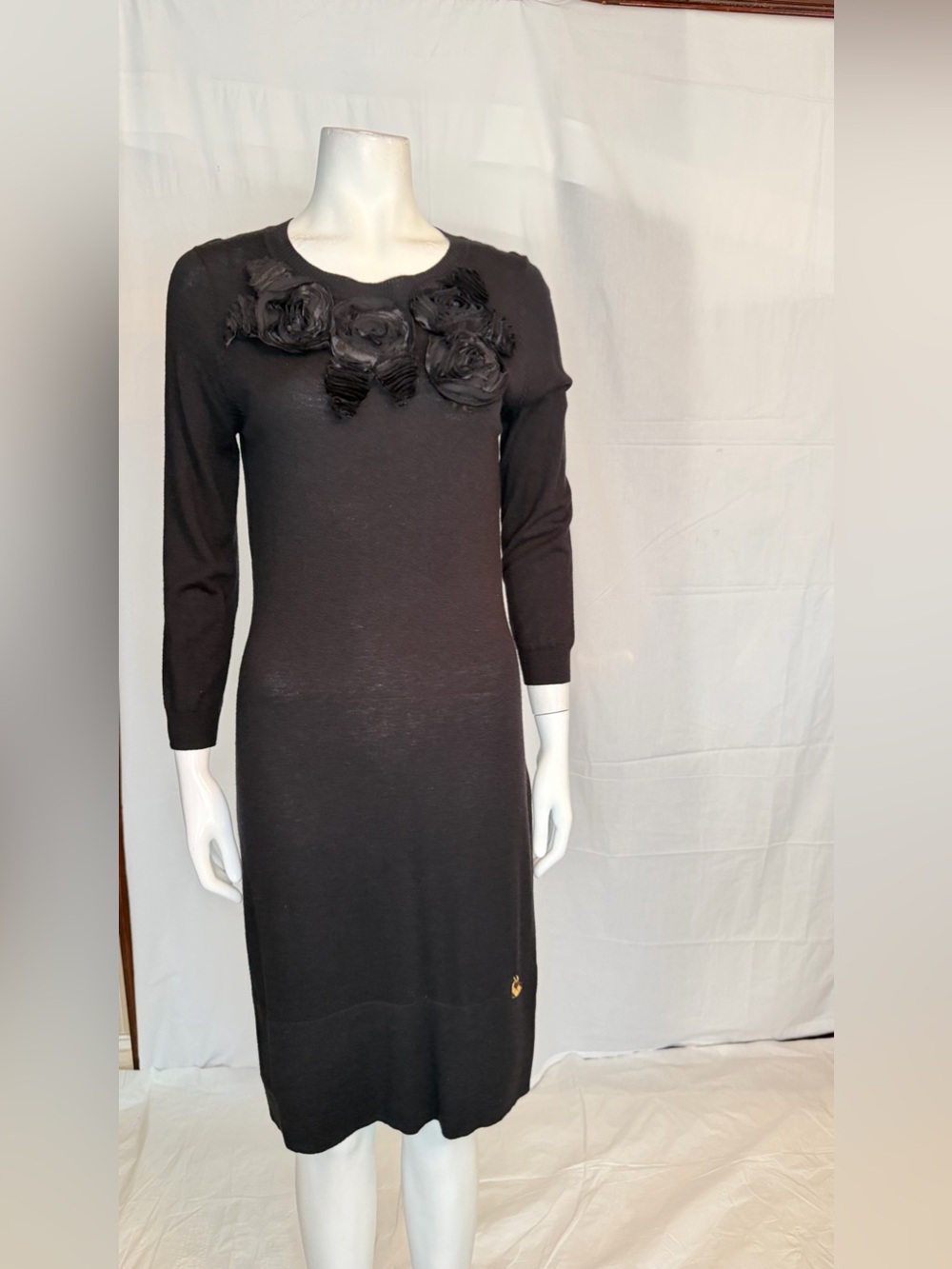 Moschino Black Long Sleeve Knit Dress with Floral Applique